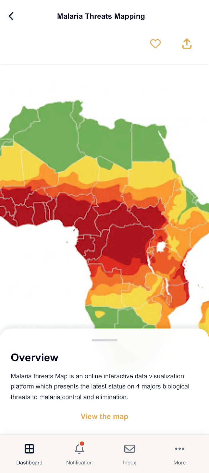 MalaAlert mobile app showing a malaria threats map with an overview panel and navigation.