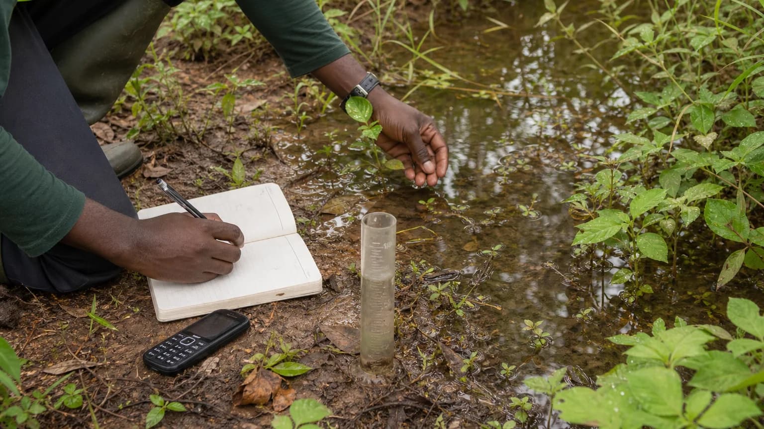 A field worker records observations beside shallow standing water using a notebook, basic phone and simple rain gauge.