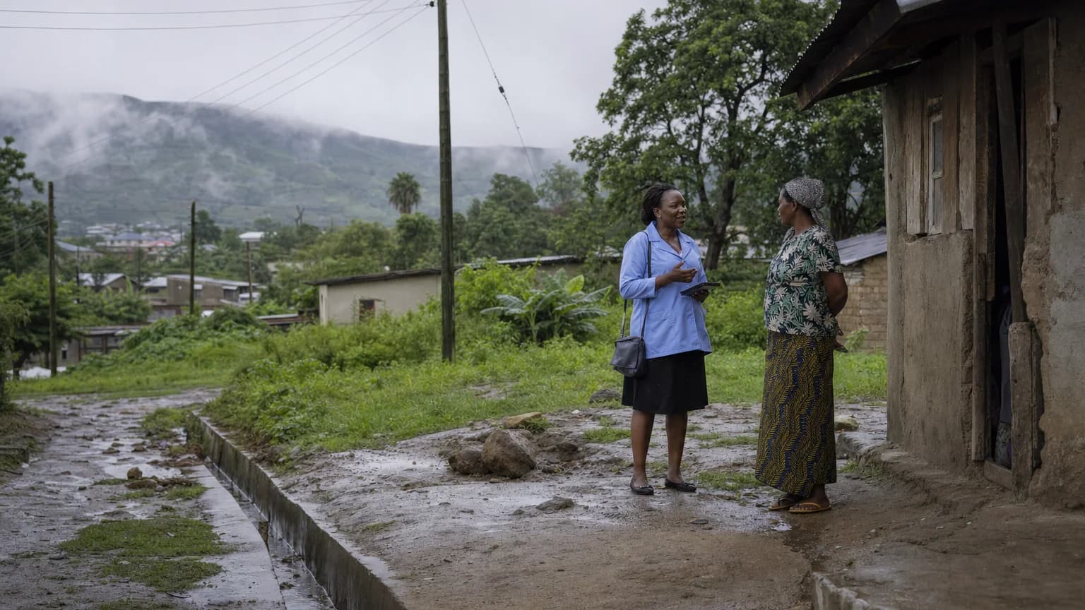 A community health worker speaks with a resident beside a rain-soaked neighbourhood in a Plateau landscape.